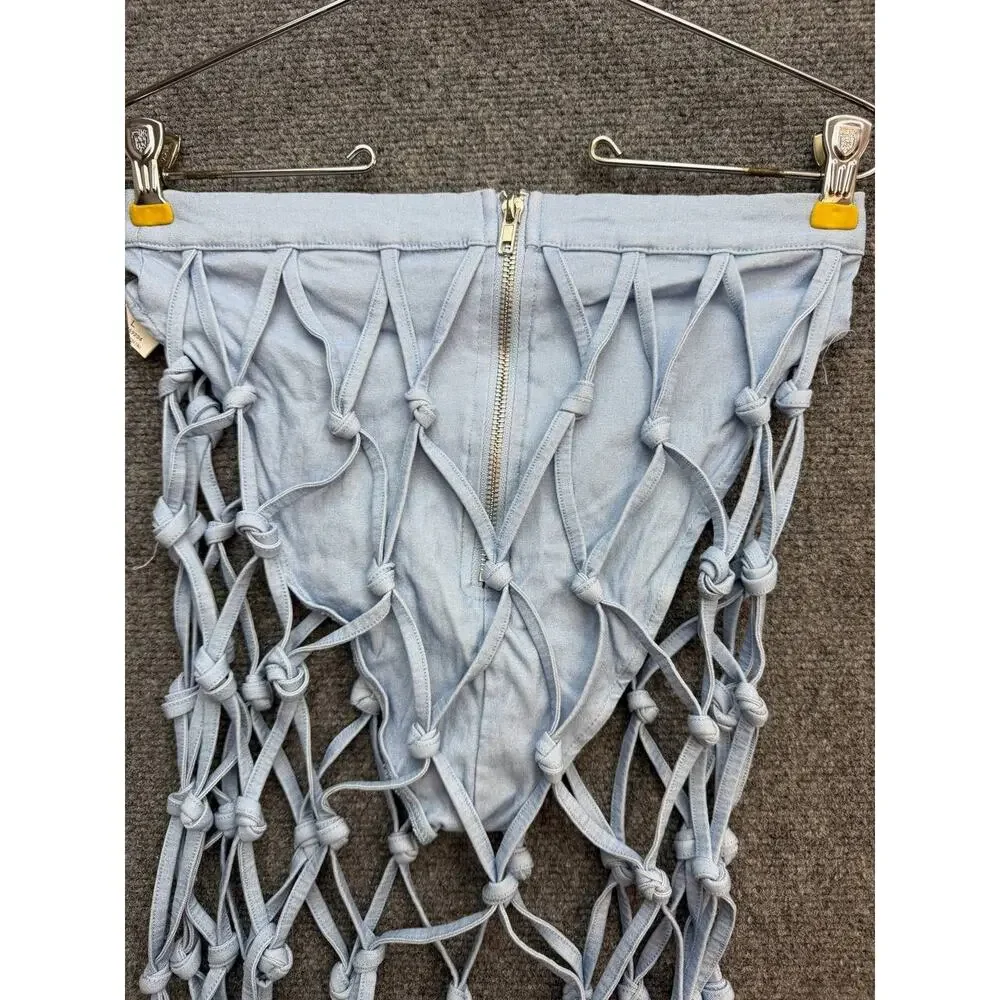 Women's Light Blue Denim Look Fringe Halter Set Size S Boho Festival